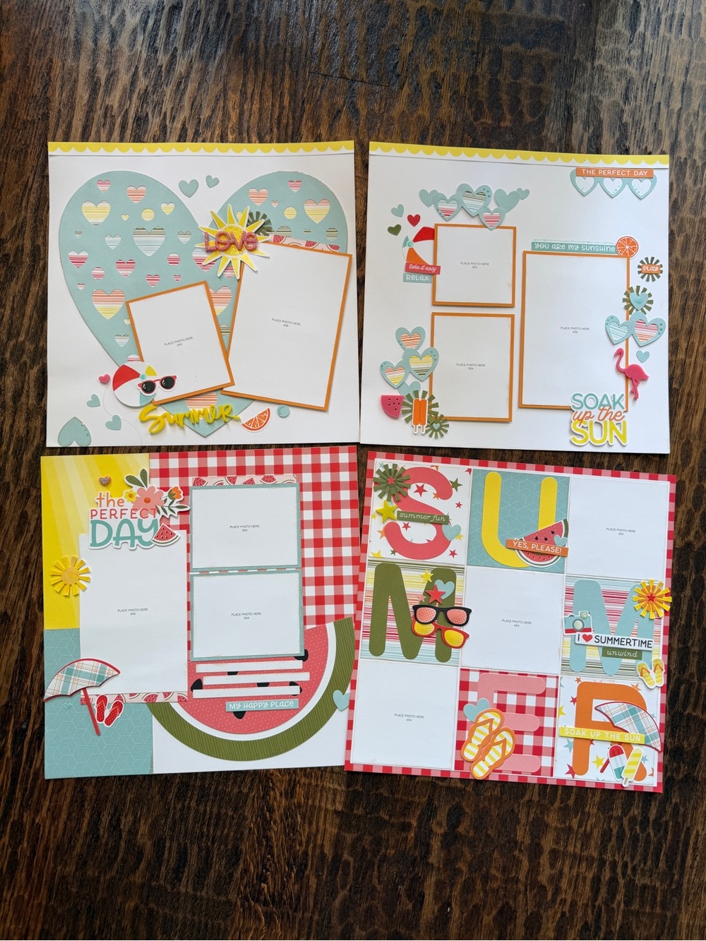 Handmade Summer 12x12 Premade Scrapbook Pages Photo Ready Embellished Set of 4